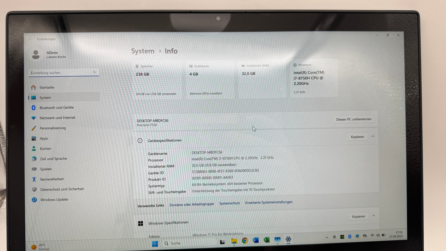 Dell Precision 7530, i7-8750H Quadro P2000 32GB 500GB SSD Win 11 Pro