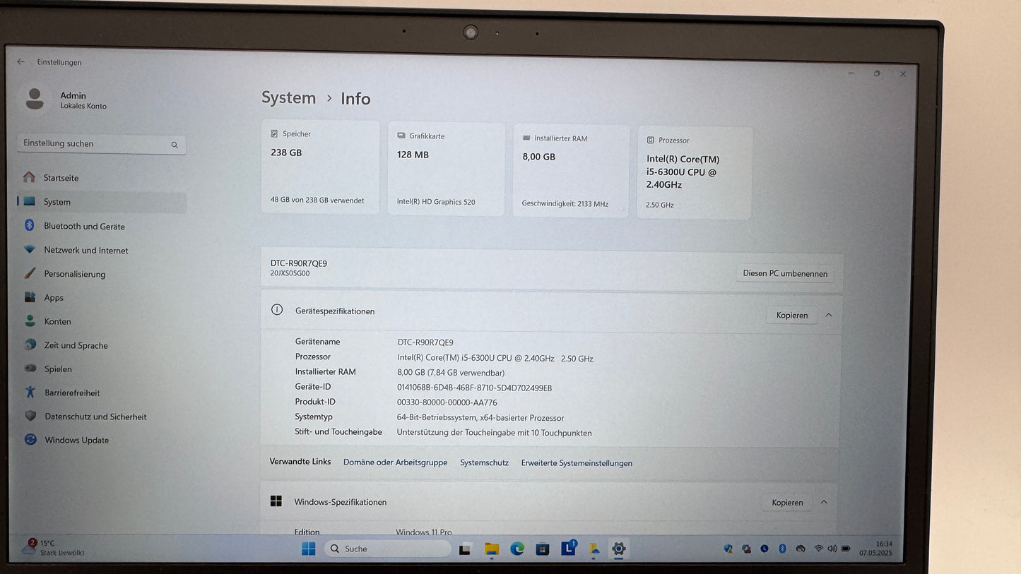 Lenovo ThinkPad T570, 15,6" FHD IPS Touch, i5, 256GB SSD, Windows 11 Pro