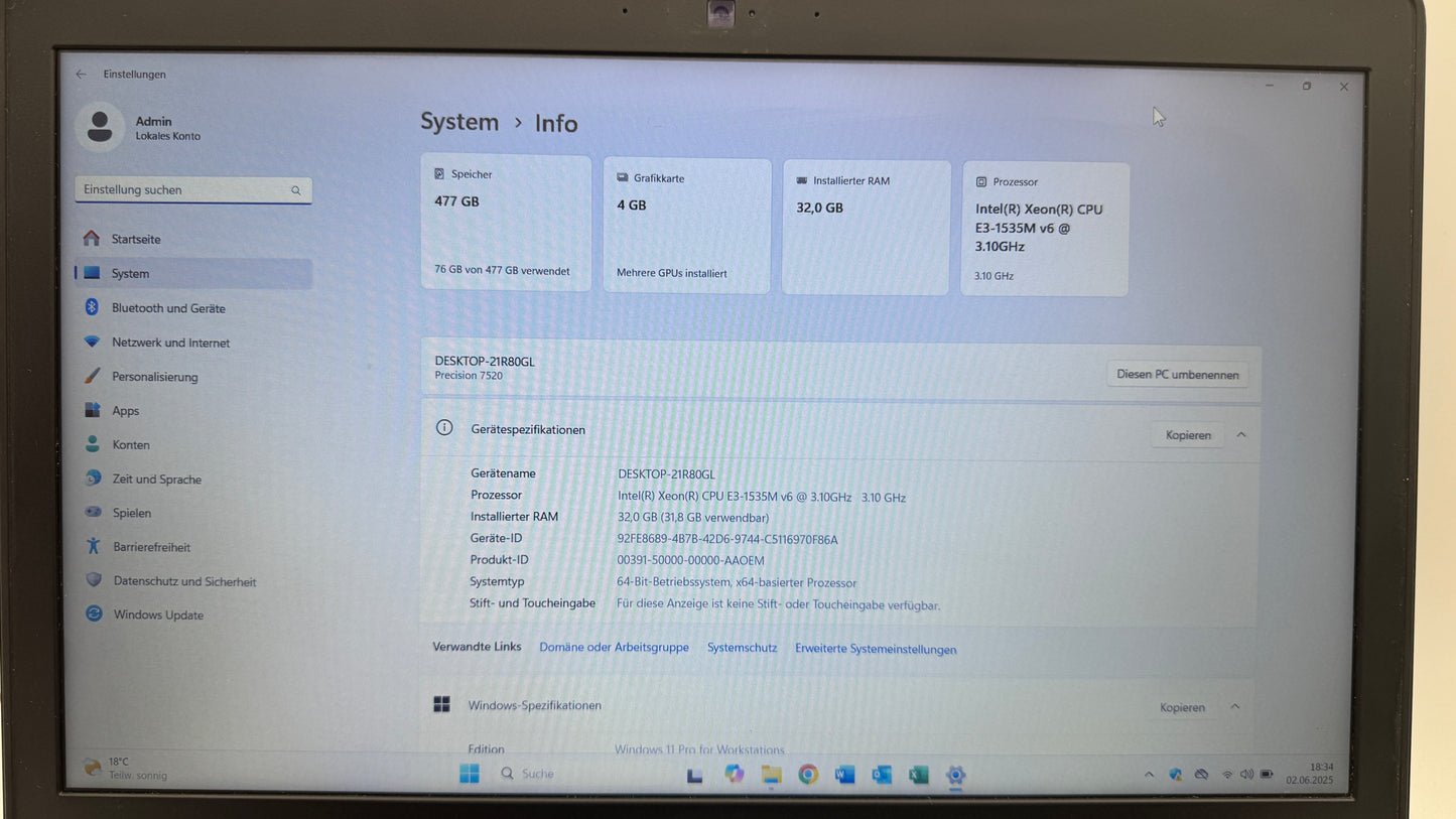 Dell Precision 7520 Xeon, NVIDIA Quadro M2200, 32GB RAM, 512GB SSD, Win11 Pro